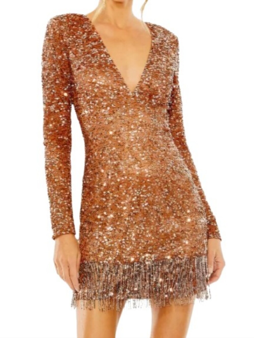 MAC DUGGAL Copper V Neck Long Sleeve Sequin Fringe Mini Dress
